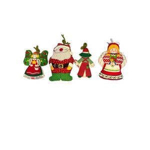 Vintage Set of 4 Patchwork 70s Stuffed Handmade Kitchy Christmas‎ Ornamants
